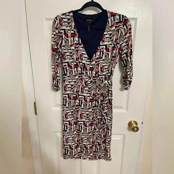 Laundry Shelli Segal Patterned 3/4 Sleeve Faux Wrap Dress Size S - Picture 7 of 14